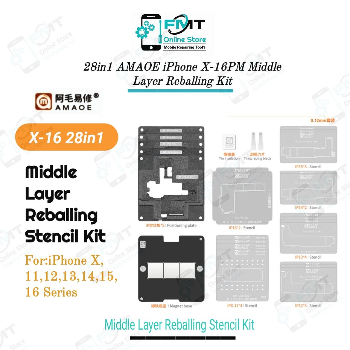 28in1 AMAOE iPhone X-16PM Middle Layer Reballing Stencil Kit