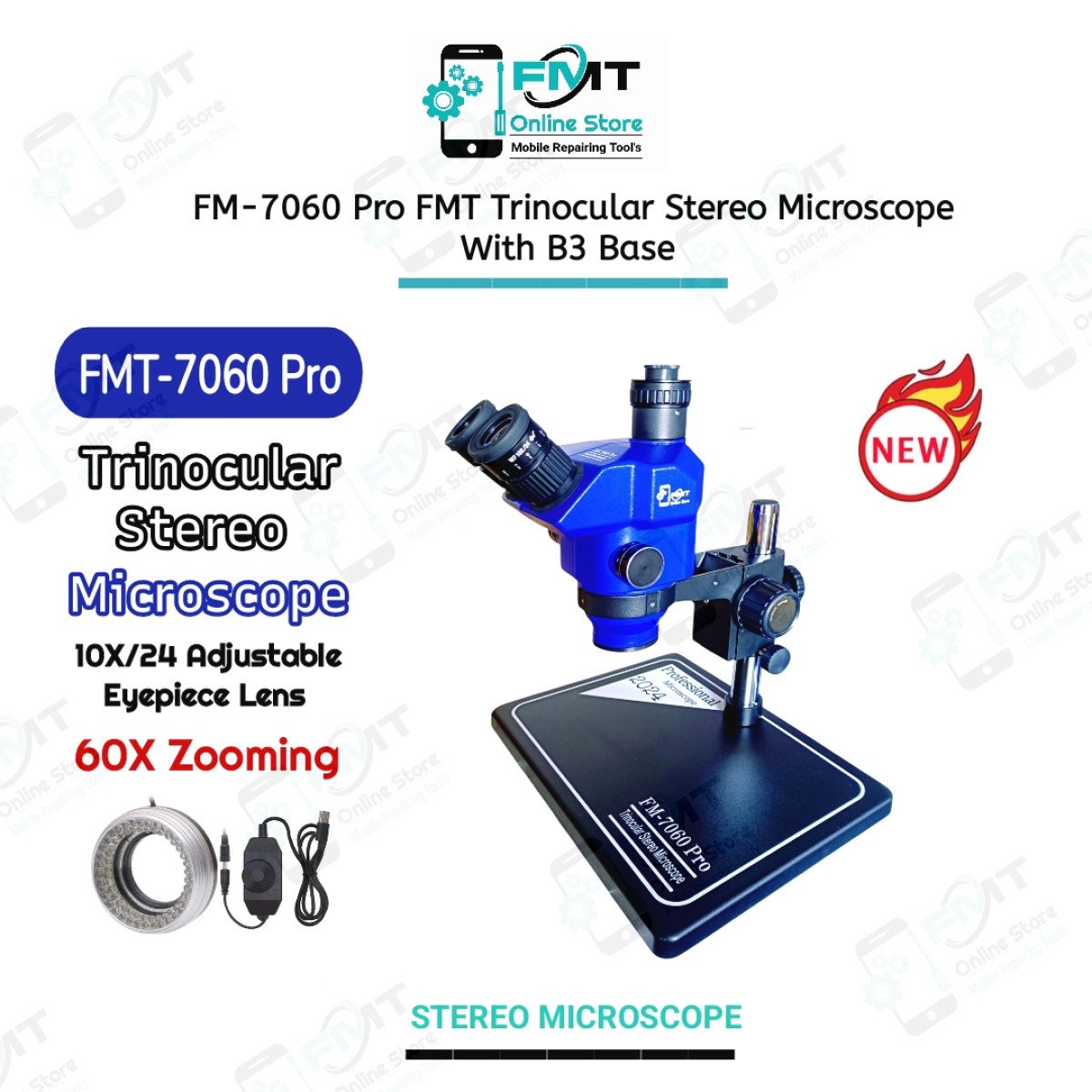FM-7060 Pro FMT Trinocular Stereo Microscope With B3 Base