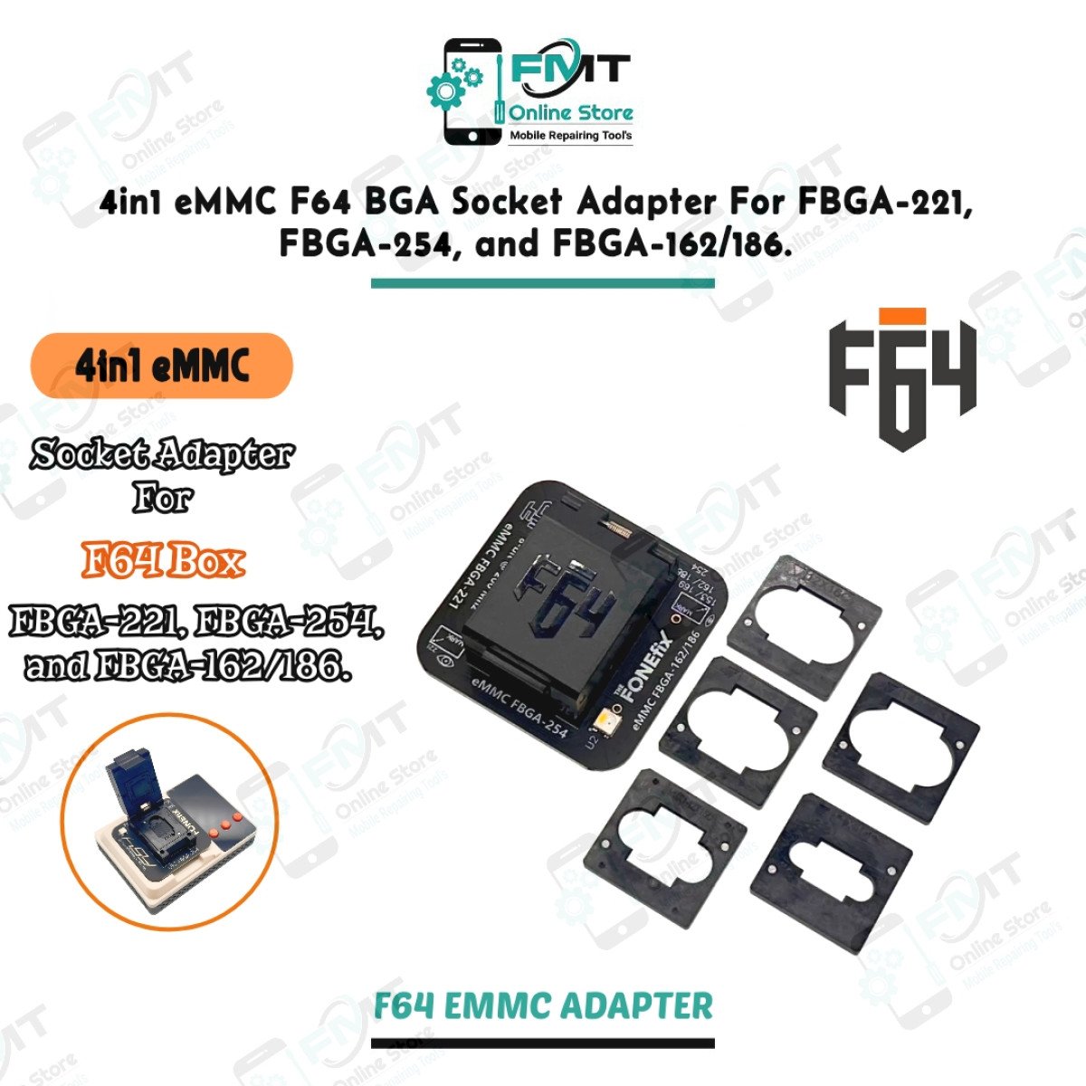 4in1 eMMC F64 BGA Socket Adapter For FBGA-221, FBGA-254, and FBGA-162/186